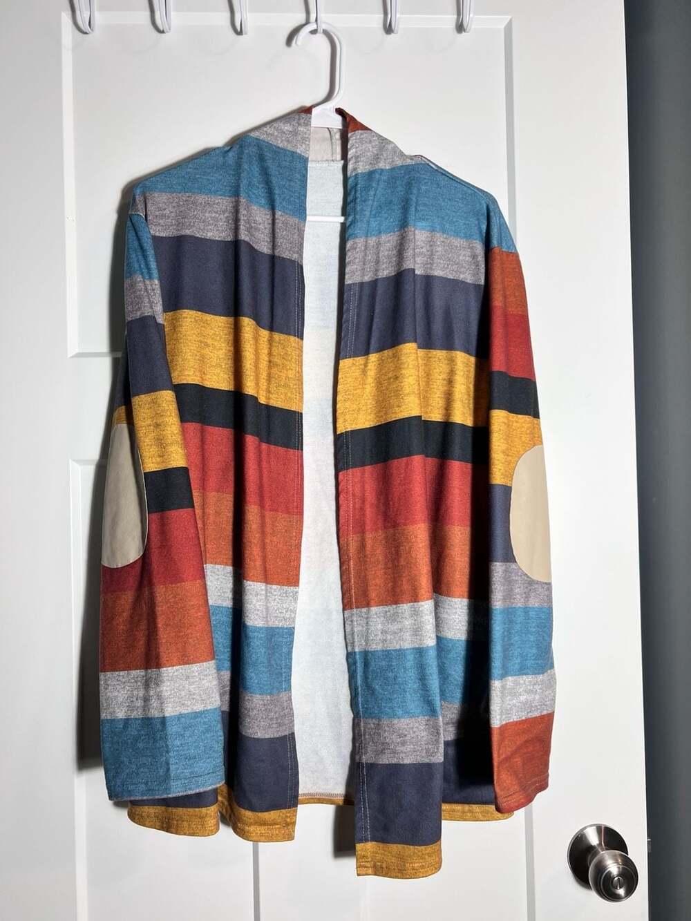 Eloges Women's Multi-Stripe Knit Open Cardigan with Faux Suede Elbow Patches Med